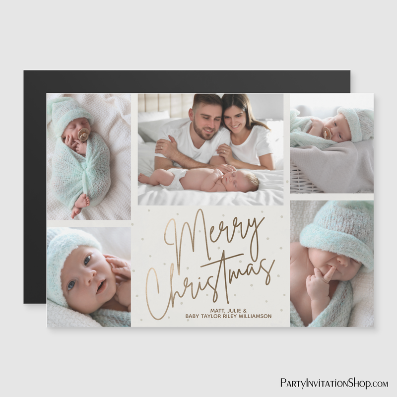 Gold Script Merry Christmas 5 Photo White Magnetic Holiday Cards