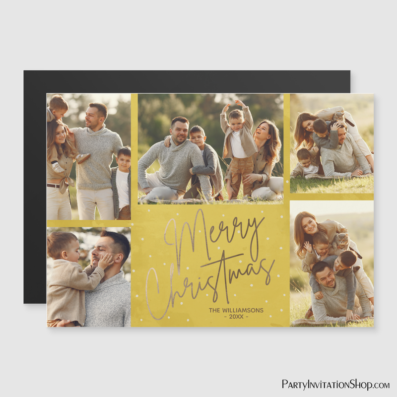 Gold Script Merry Christmas 5 Photo Yellow Magnetic Holiday Cards