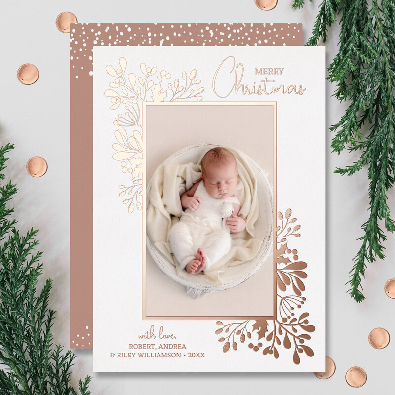 Merry Christmas Greenery Rose Gold Foil Holiday Cards
