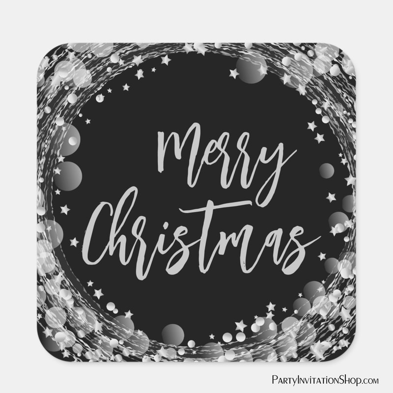 Merry Christmas Twinkling Silver Stars Square Stickers