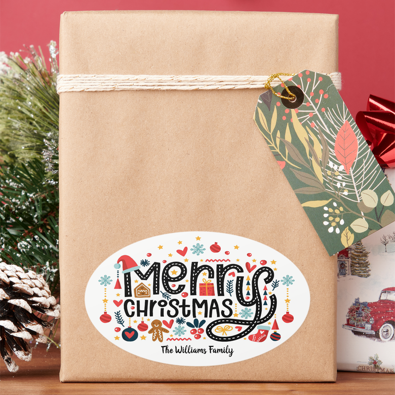 Merry Christmas Typography Oval Stickers