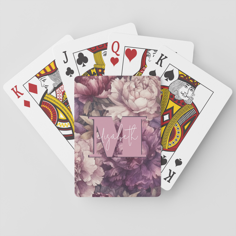 Monogrammed Purple Peonies Playing Cards