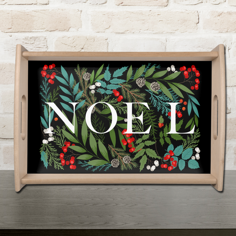 NOEL and Greenery on Black Natural Wood Serving Tray