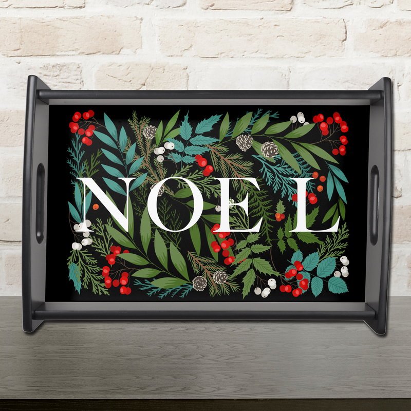 NOEL and Greenery on Black Serving Tray