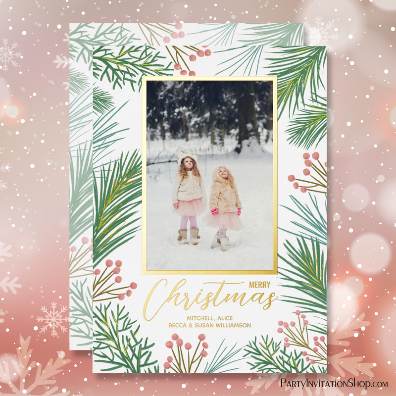 Pines Berries Christmas Photo Gold Foil Holiday Card
