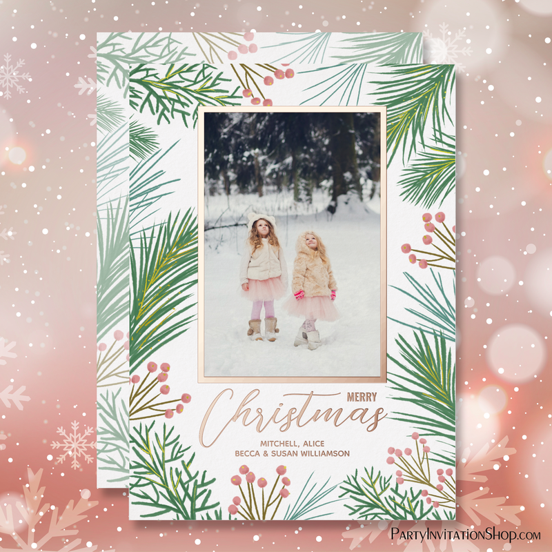 Pines Berries Christmas Photo Rose Gold Foil Holiday Card
