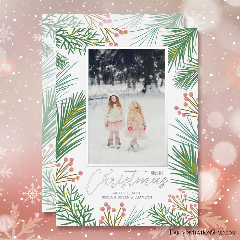 Pines Berries Christmas Photo Silver Foil Holiday Card