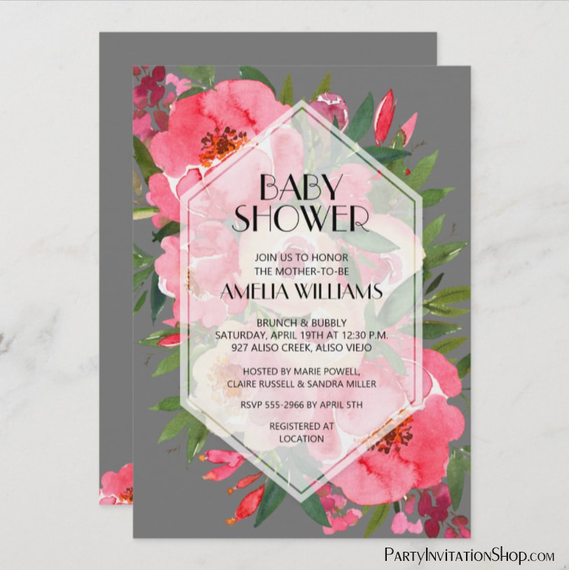 Pink Peonies Gray Floral Baby Shower Invitations