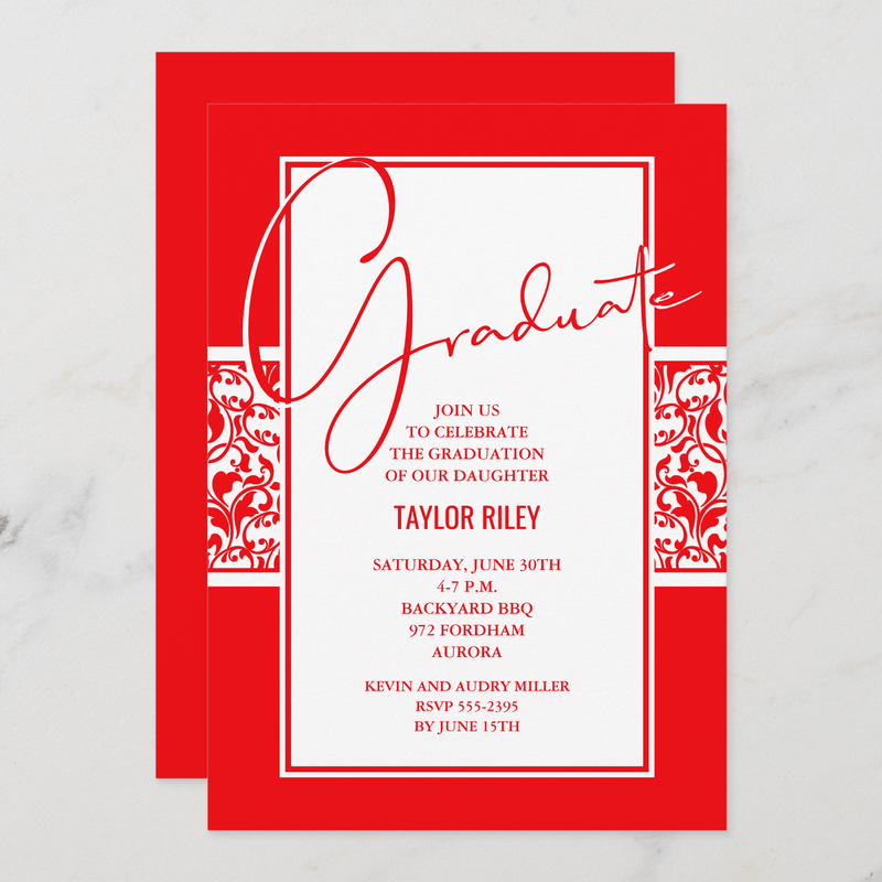 Red and White Damask Graduation Invitations