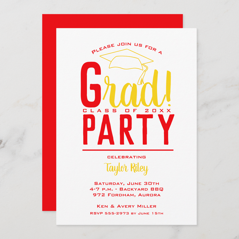 Red and Yellow Gold Graduation Party Invitations