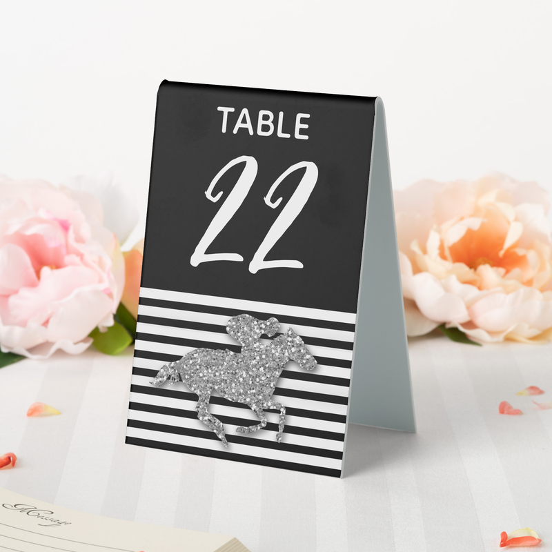Silver Race Horse Black White Stripes Table Tent Sign