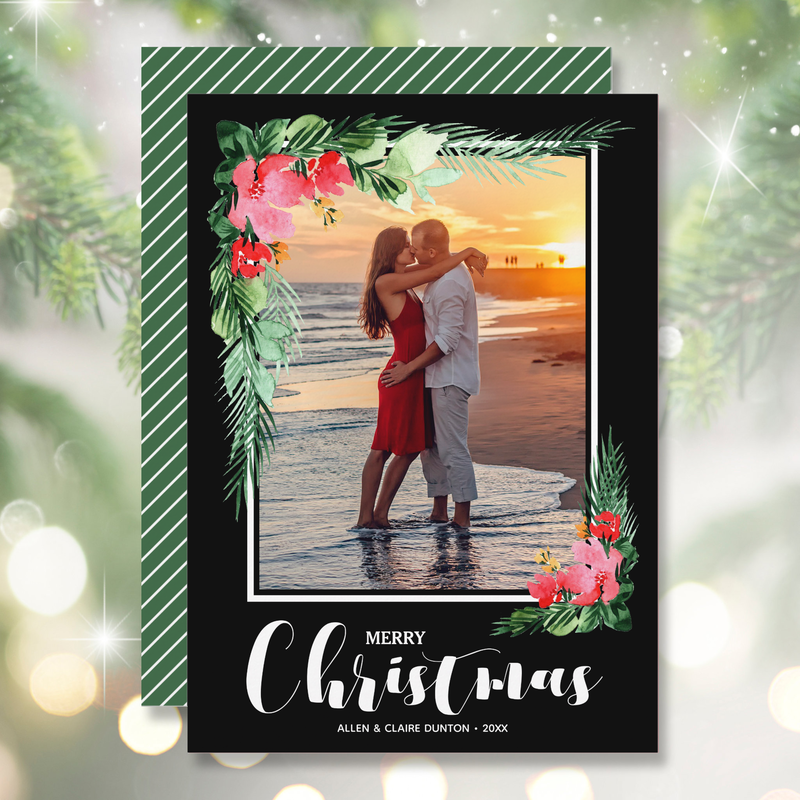 Tropical Floral Watercolor on Black Christmas Photo Holiday Card
