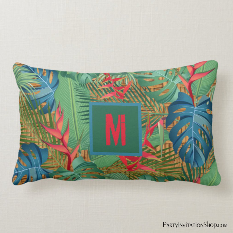Monogrammed Tropical Floral on Wicker Print Lumbar Pillow