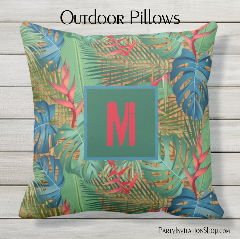 Monogrammed Tropical Floral on Wicker Print Outdoor Pillow