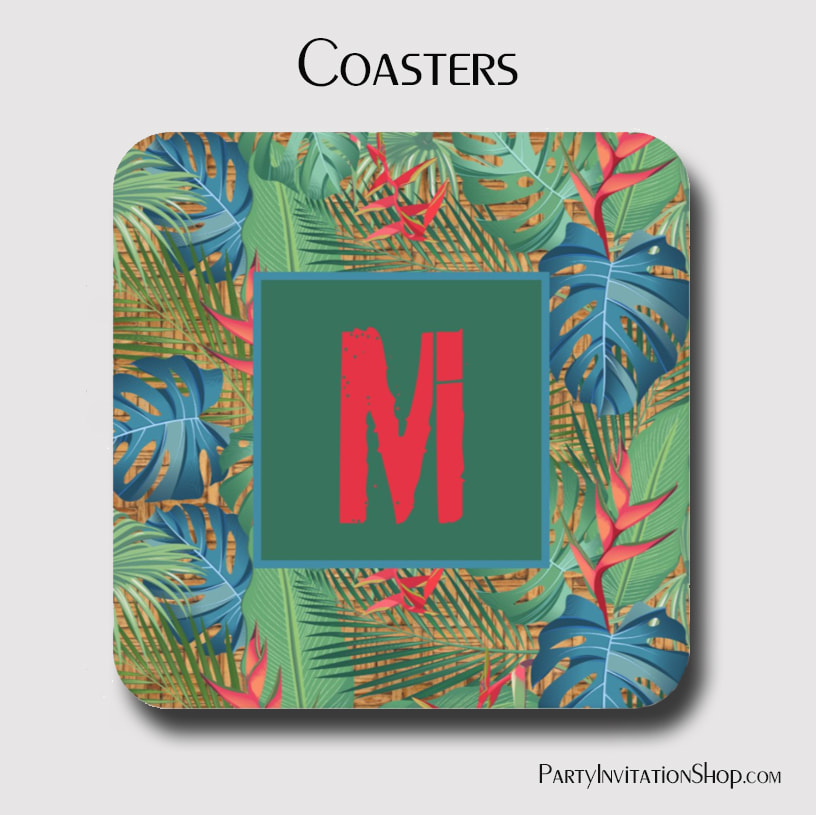 Monogram Tropical Floral on Wicker Print Square Paper Coasters