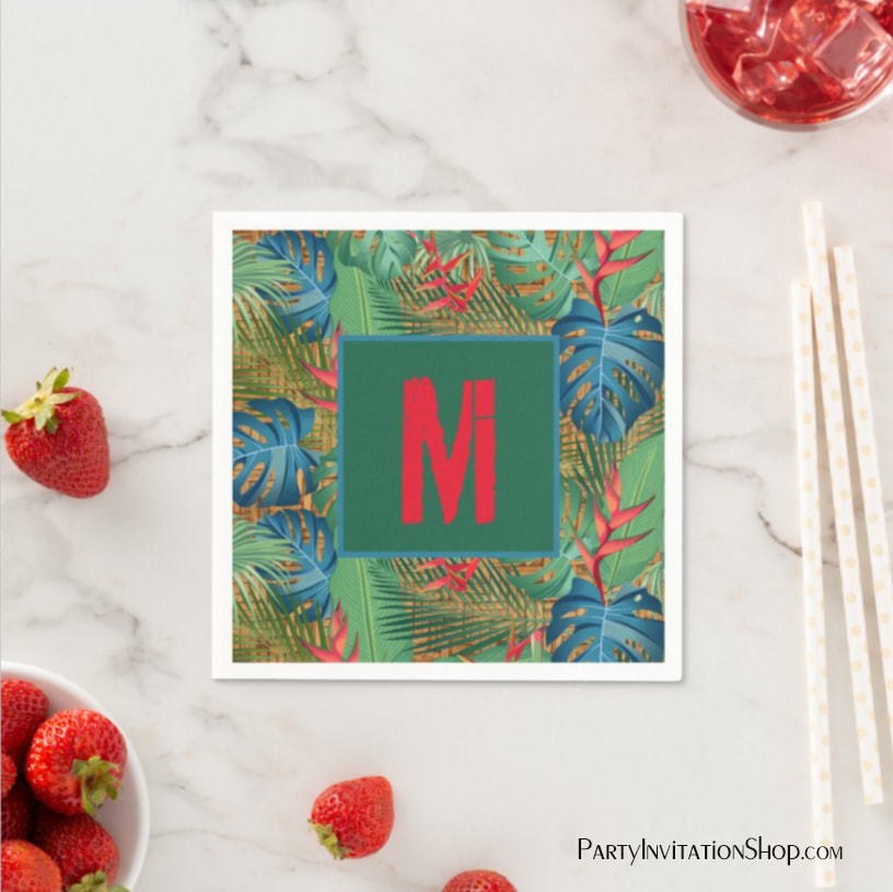 Monogrammed Tropical Floral on Wicker Print Napkins
