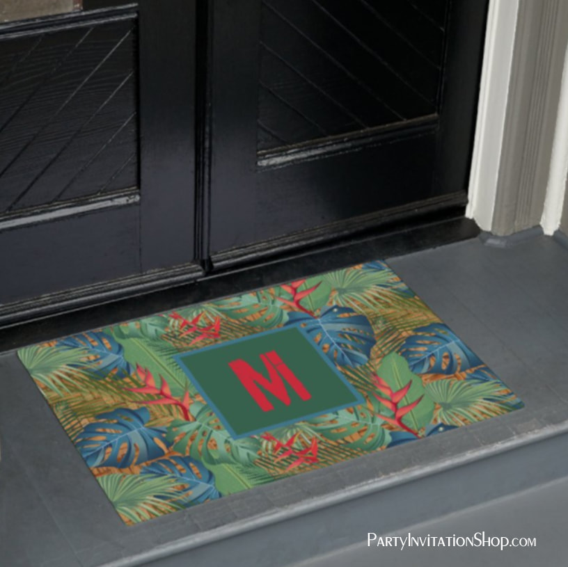 Monogrammed Tropical Floral on Wicker Print Doormat