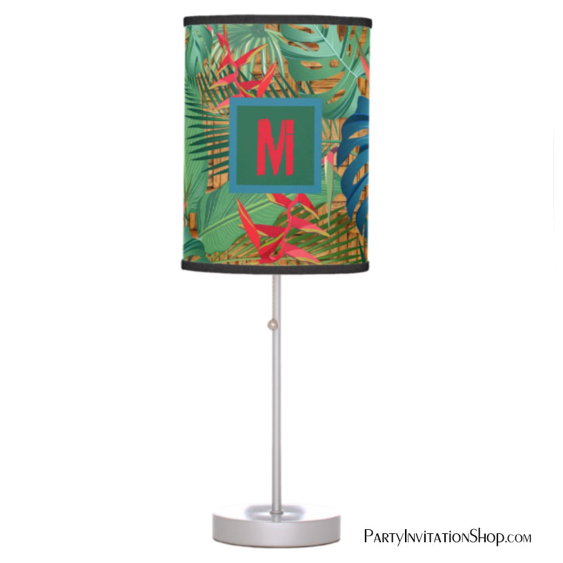 Monogrammed Tropical Floral on Wicker Print Table Lamp
