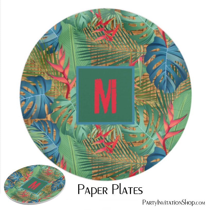 Monogrammed Tropical Floral on Wicker Print Paper Plates