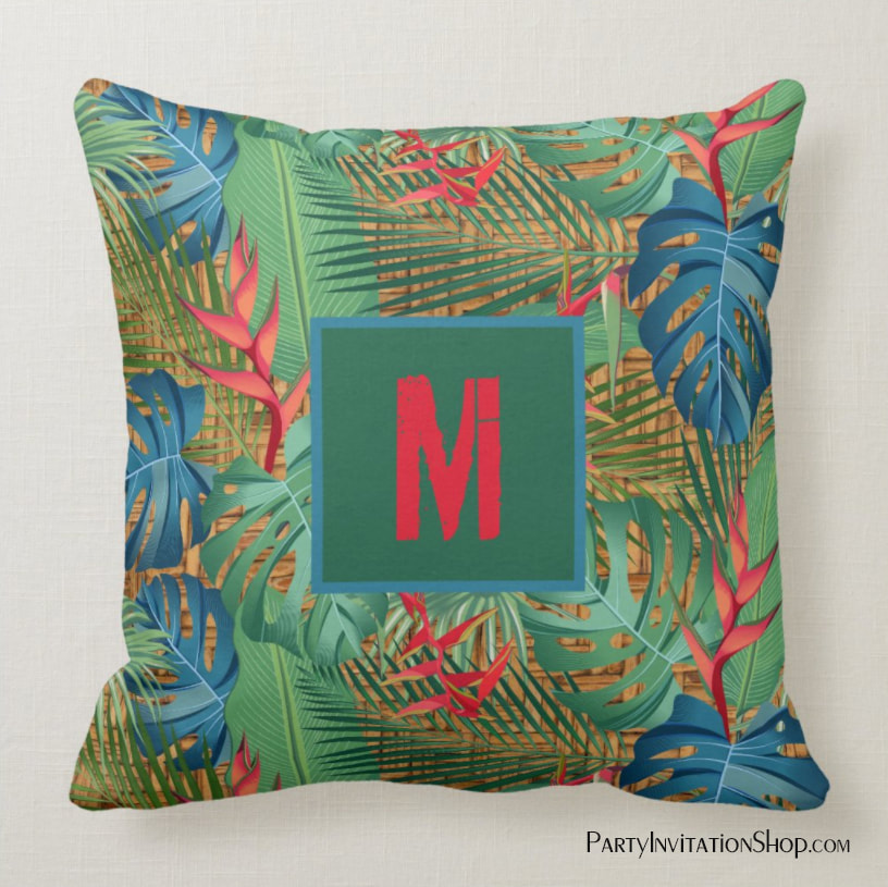 Monogrammed Tropical Floral on Wicker Print Throw Pillows