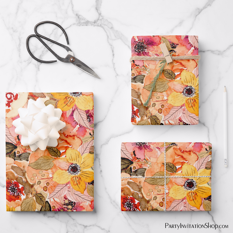 Watercolor Autumn Flowers Wrapping Paper Sheets