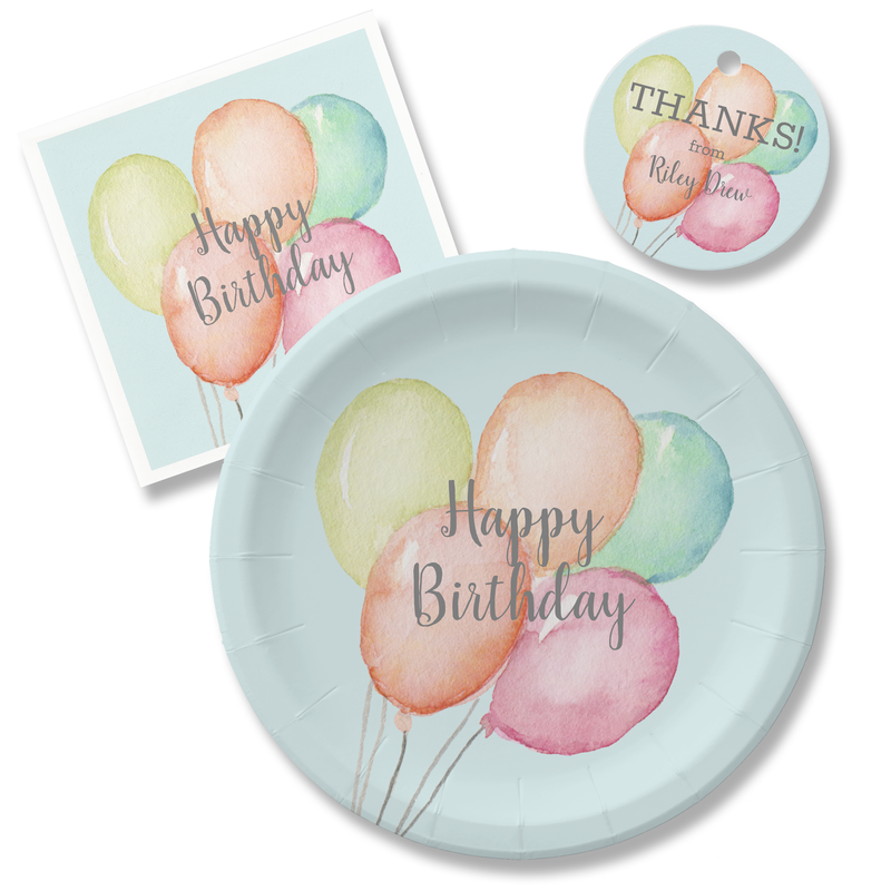 Pastel Balloons Blue Birthday Plates, Napkins and more 