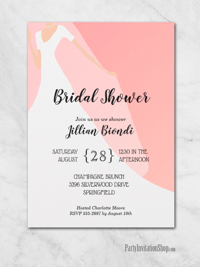 Wedding Gown on Coral Pink Bridal Shower Invitations