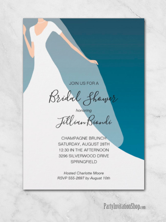 Gown and Veil on Teal Bridal Shower Invitations