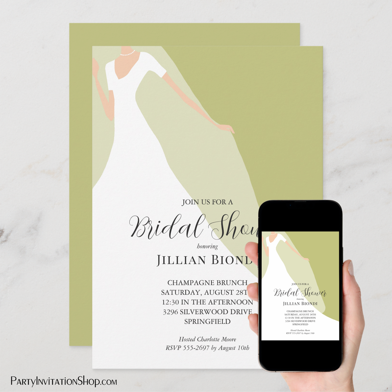 Gown and Veil on Green Bridal Shower Invitations