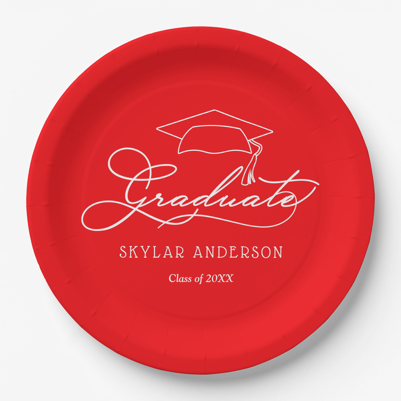 Elegant Script Graduate Hat Red Graduation Plates