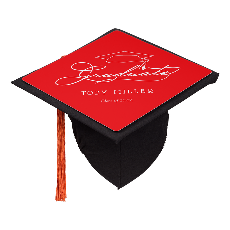 Custom Name Class of Graduate Script on Red Graduation Cap