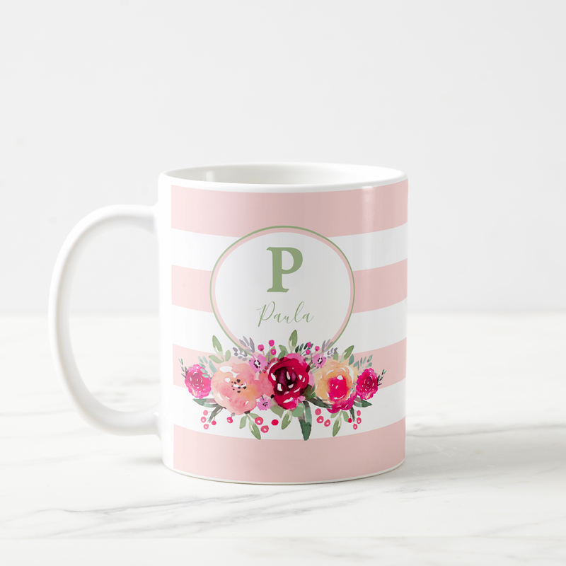 Elegant Watercolor Floral Monogram on Pink Stripes Coffee Mug