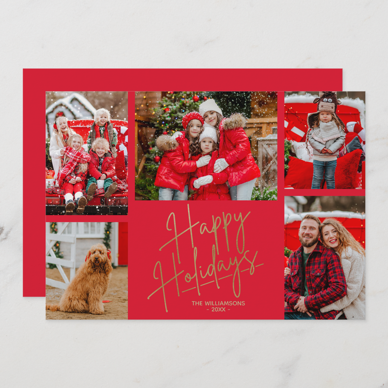 Gold Happy Holidays Five Photos Red Holiday Cards