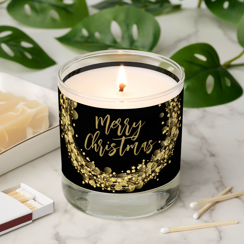 Merry Christmas Gold Stars on Black Scented Candle