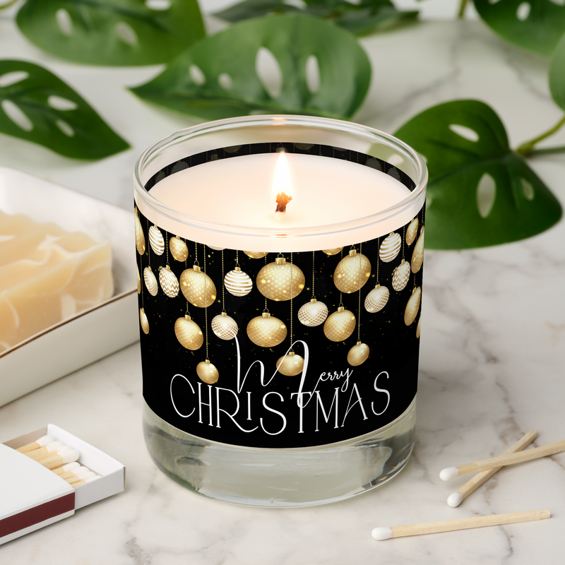 Merry Christmas Ornaments on Black Scented Candle