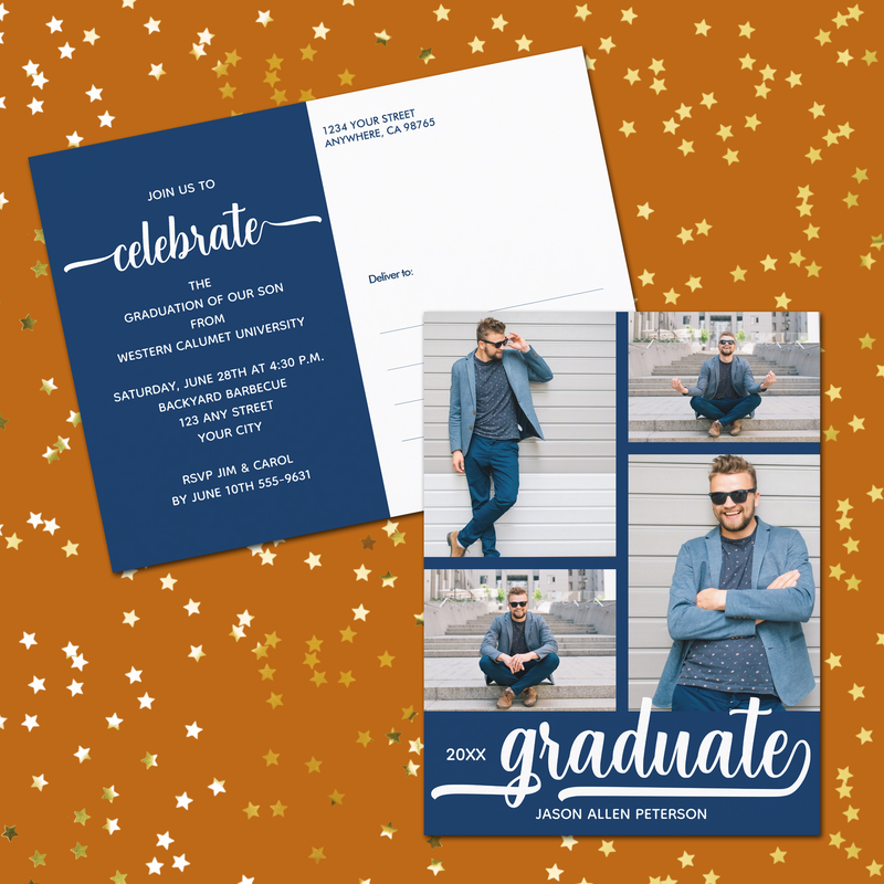 Modern 4 Photo Collage Blue Graduate Invitation Postcards