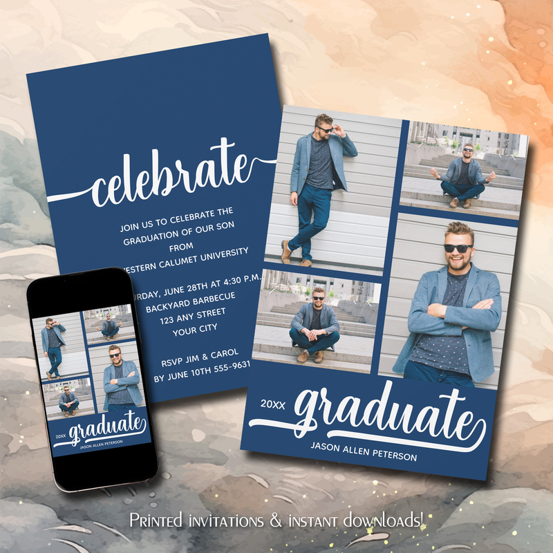 Modern 4 Photo Collage Blue Graduation Invitations