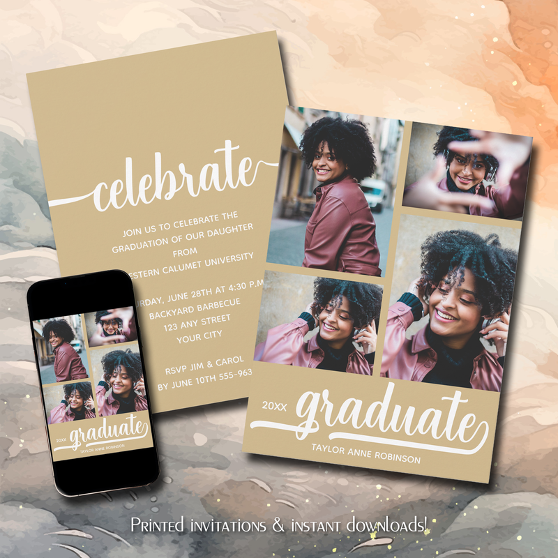 Modern 4 Photo Collage Gold Graduation Invitations