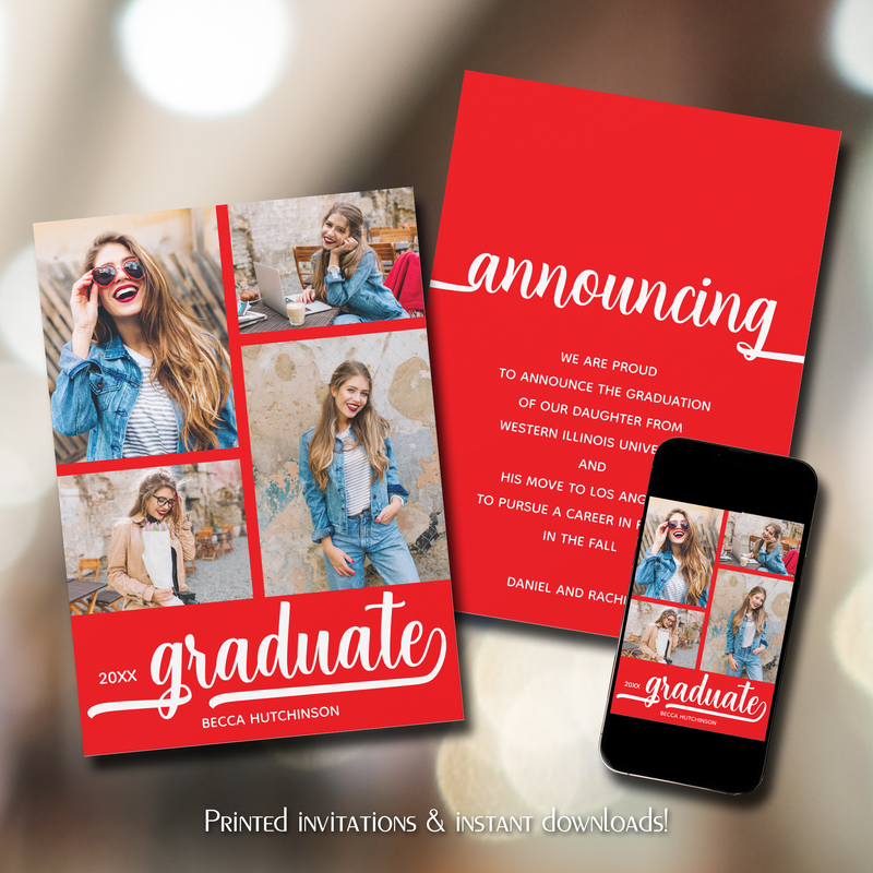 Chic 4 Photo Red Graduation Announcements