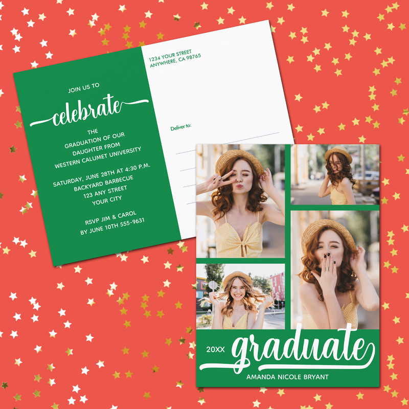 4 Photo Collage Green Graduate Invitation Postcards
