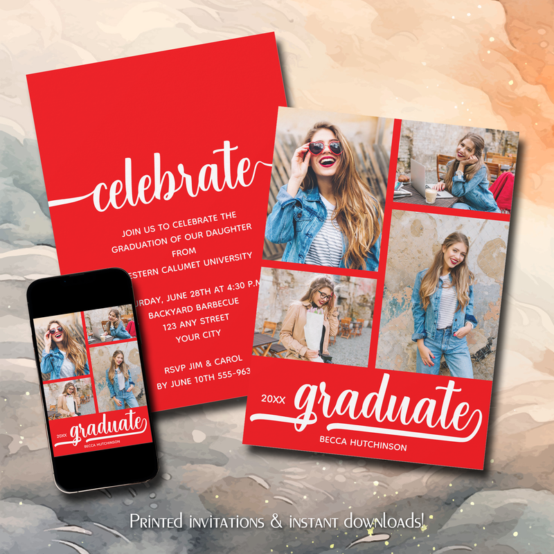 Modern 4 Photo Collage Red Graduation Invitations