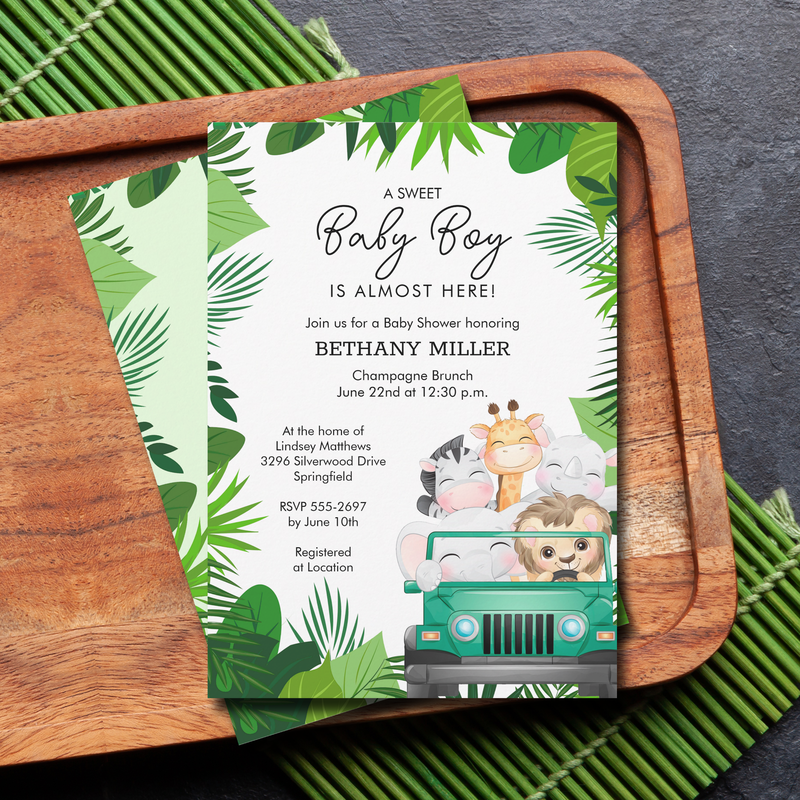 Tropical Jungle Animal Safari Boy Baby Shower Invitations