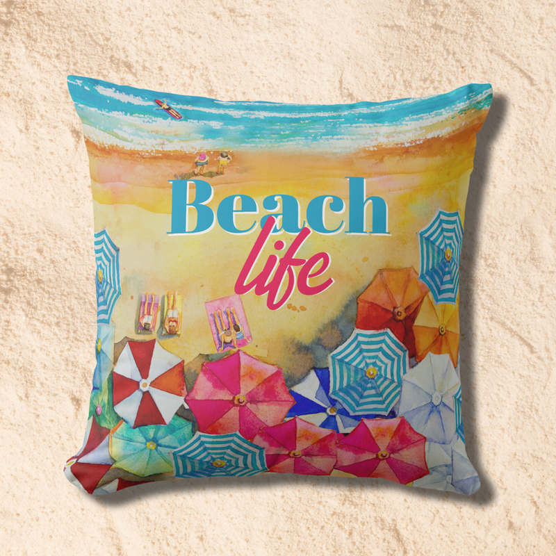 Beach Life Umbrellas in Sand Outdoor Pillow