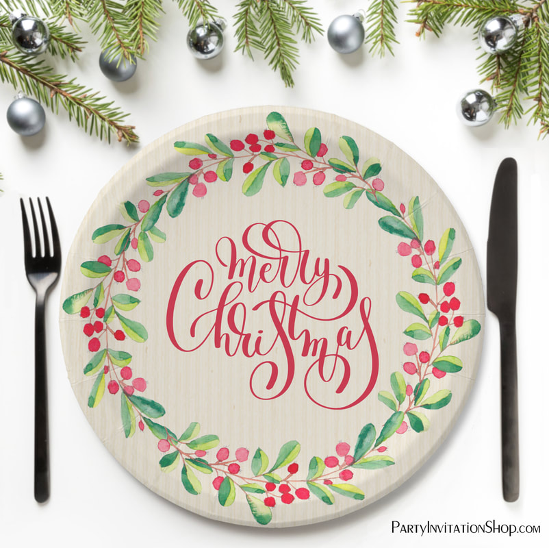 Merry Christmas Greens Berries Paper Plates