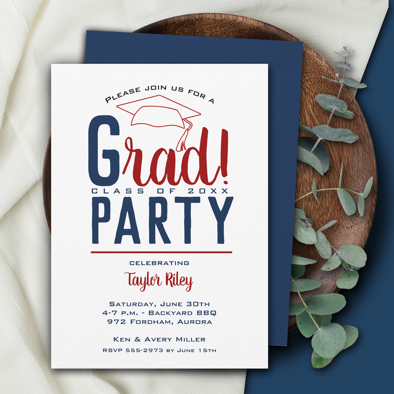 Dark Red and Blue Graduation Party Invitation