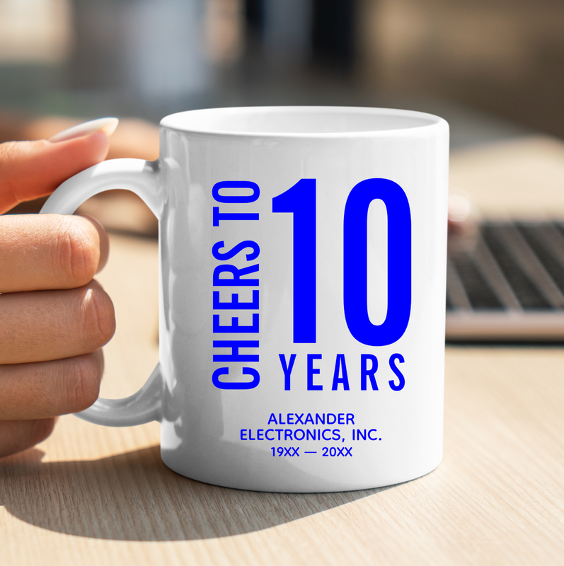 Bright Blue Cheers Business Anniversary Promotional Coffee Mug