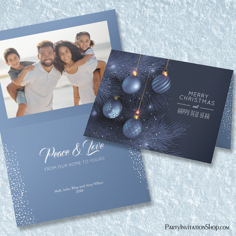 Blue Christmas Ornaments 1 Photo Folded Holiday Card