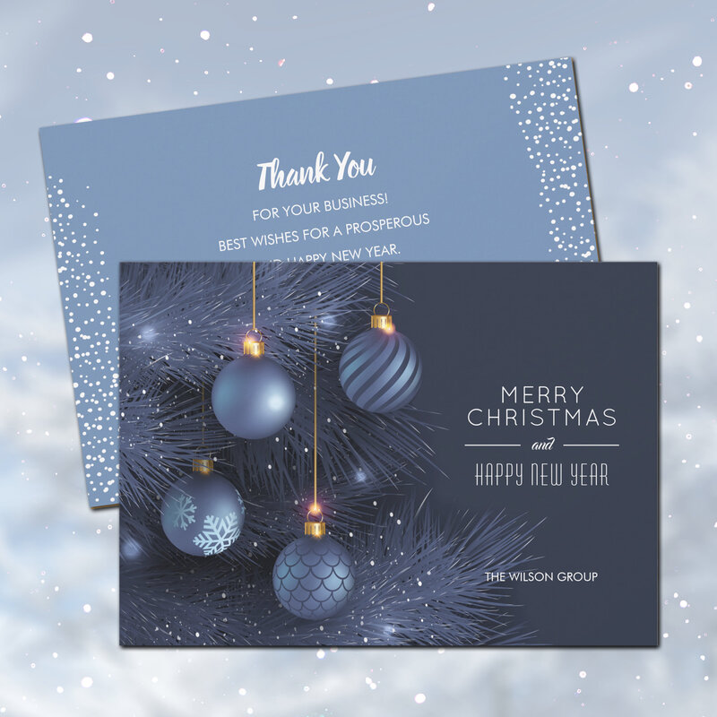 Blue Christmas Ornaments Flat Business Holiday Cards