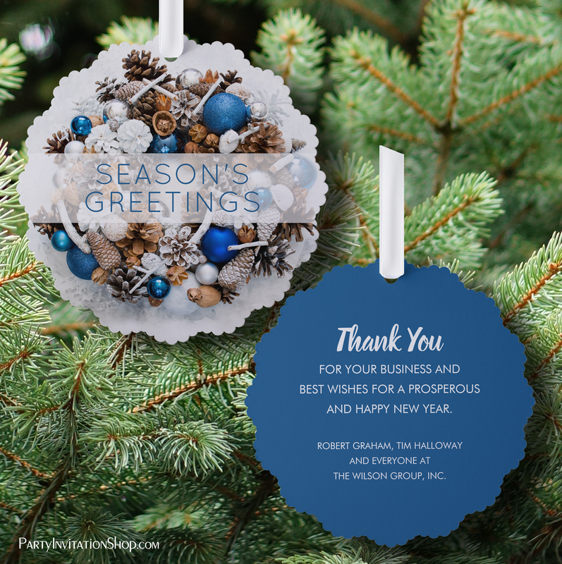 Pine Wreath Blue and White Business Holiday Paper Ornament Cards