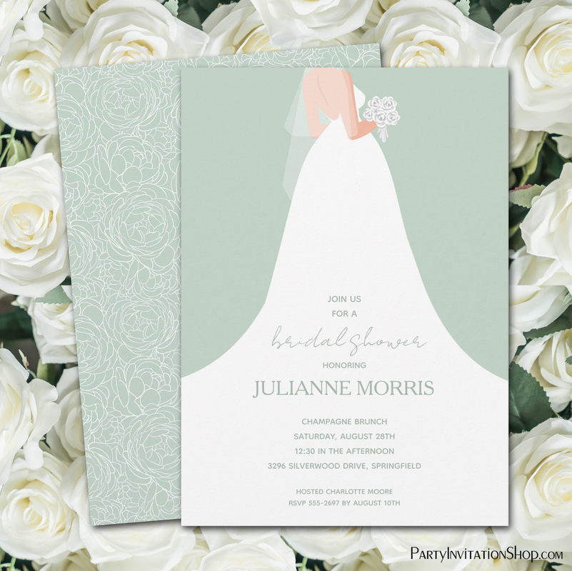 Wedding Gown on Pale Green Bridal Shower Invitations